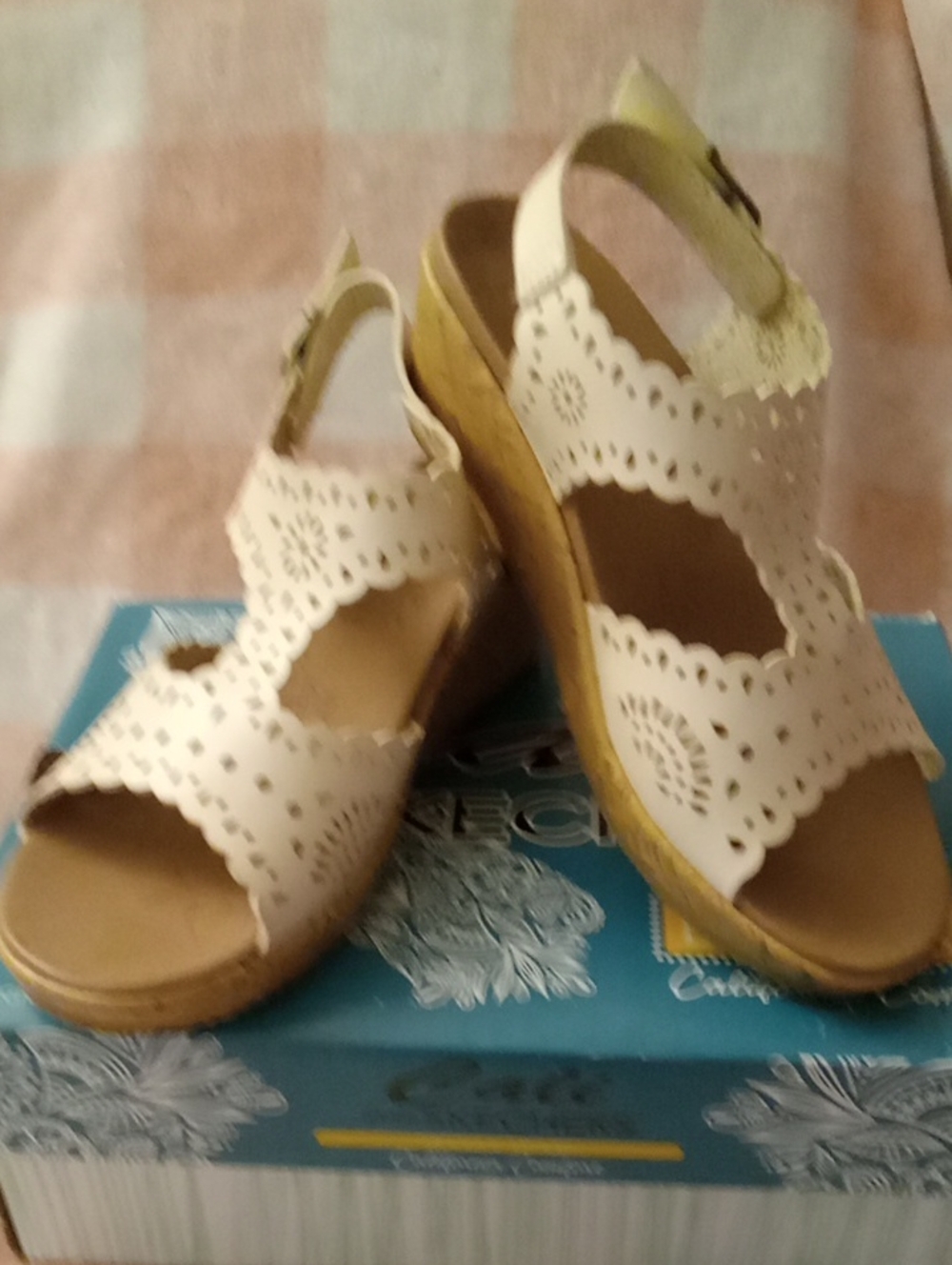 Skechers White Scalloped Cutout Wedge Sandals